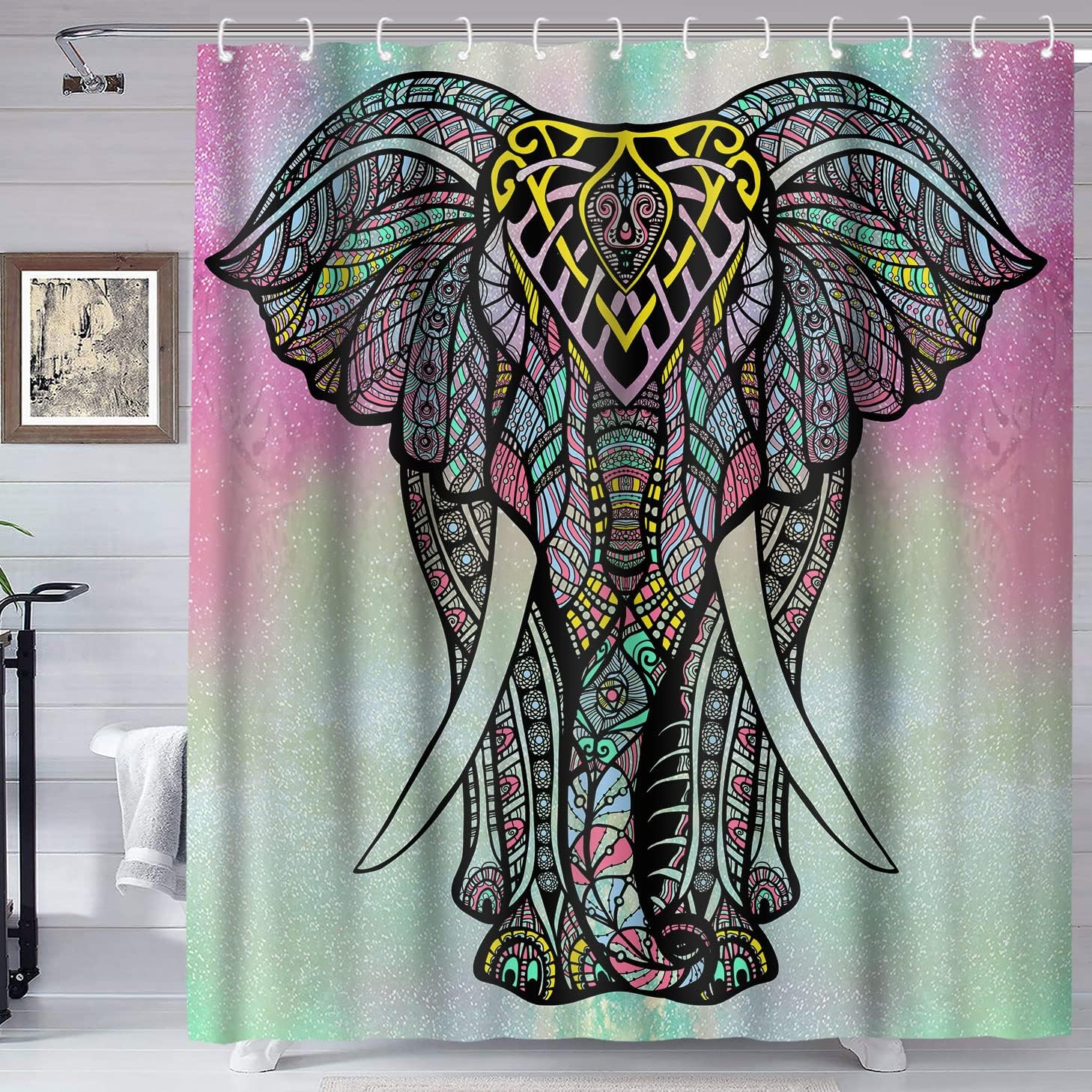Beautiful Boho Elephant and Forest Wildlife Shower Curtain for Indian Wild Animal Bath Theme