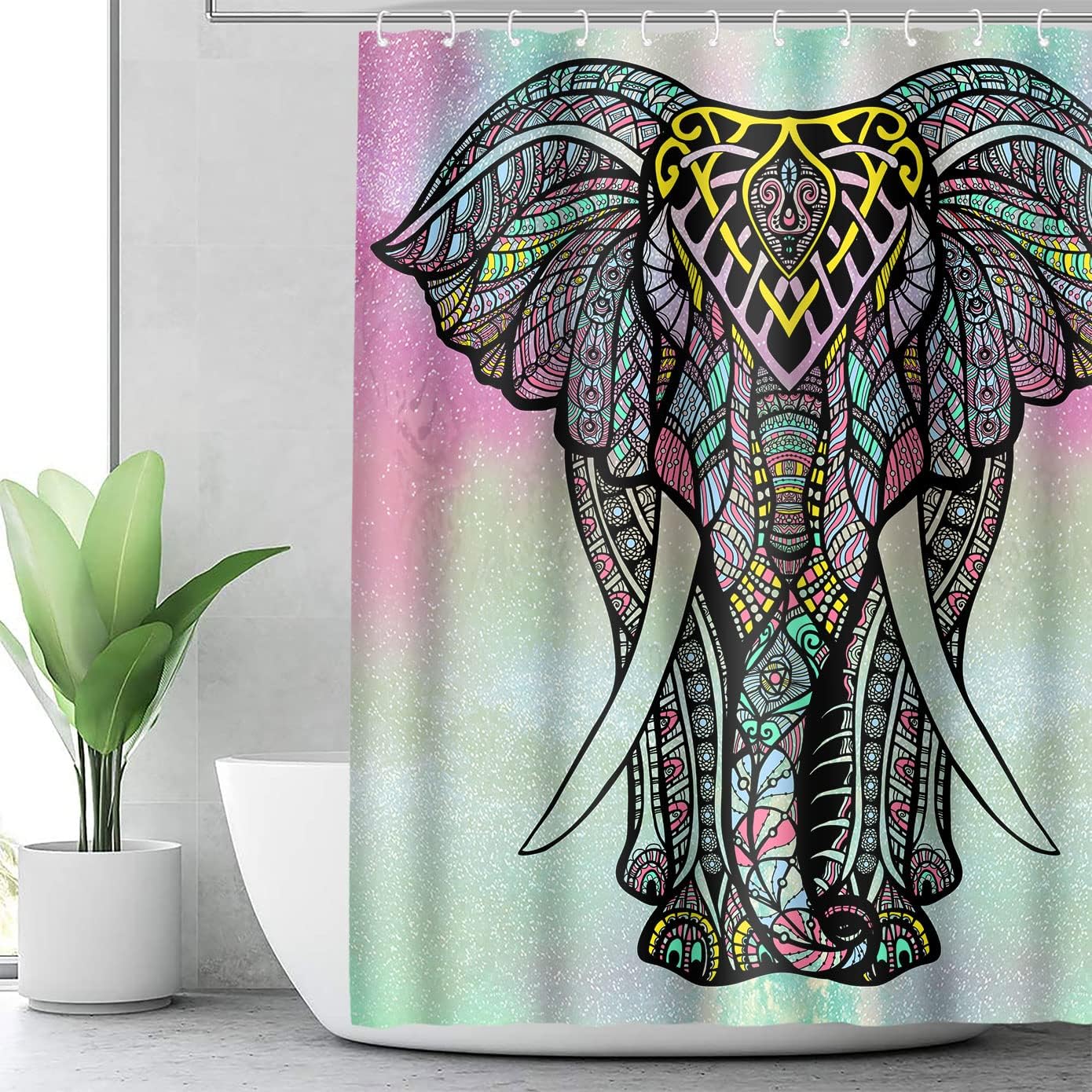 Beautiful Boho Elephant and Forest Wildlife Shower Curtain for Indian Wild Animal Bath Theme