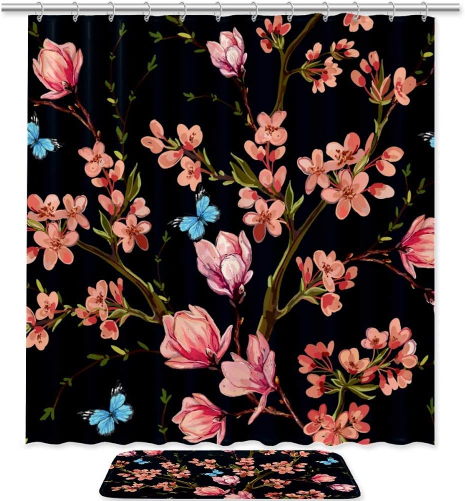 Beautiful Butterflies And Tropical Magnolia Shower Curtain, Tropical Bathroom Decor
