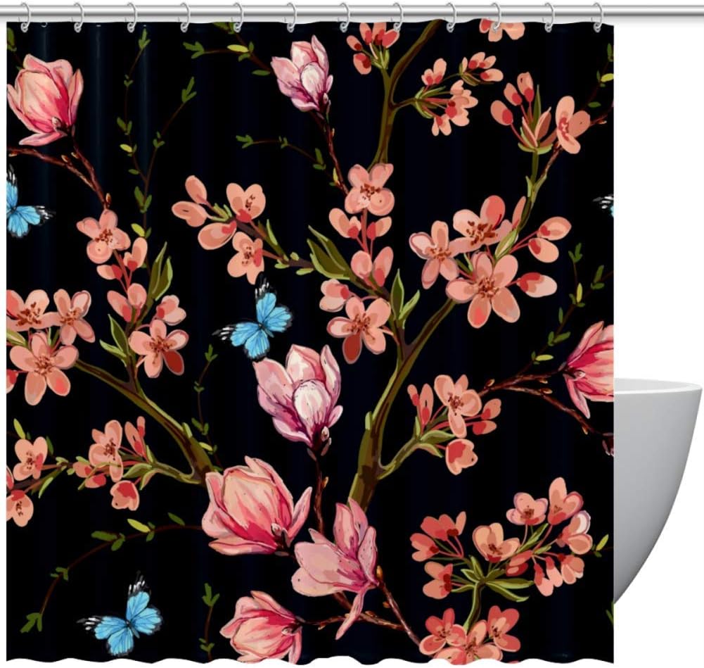 Beautiful Butterflies Tropical Japanese Flowers Shower Curtain