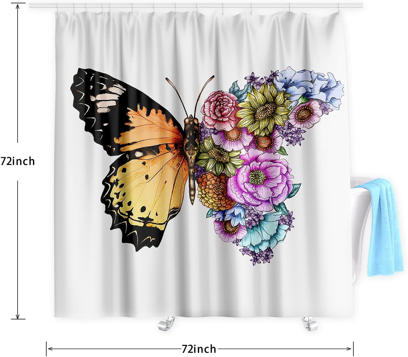 Beautiful Butterfly Flower Print Shower Curtain For Bathroom - Image 2