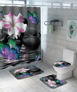 Beautiful Butterfly, Flowers, And Pebbles Print Shower Curtain For Chic Bathroom Decor