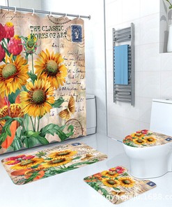 Beautiful Cartoon Sunflower And Butterfly Waterproof Shower Curtain For Bathroom Decor