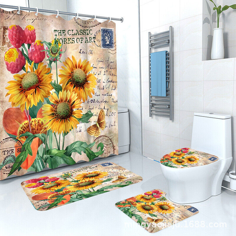 Beautiful Cartoon Sunflower And Butterfly Waterproof Shower Curtain For Bathroom Decor