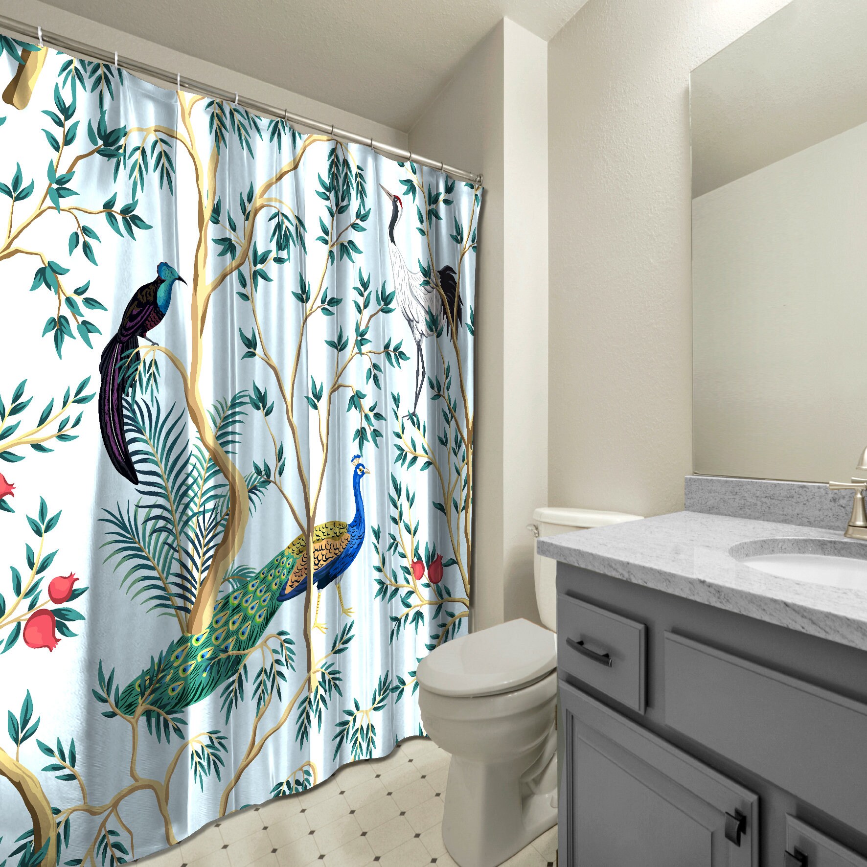 Beautiful Chinoiserie Animal Printed Shower Curtain For Multidimensional Bathroom Decorations - Image 3