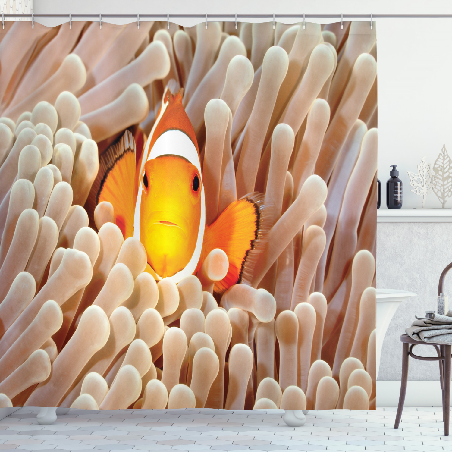 Beautiful Clownfish And Blue Surgeon Shower Curtain For Tropical Fish And Sea Life Inspired Bathroom Decor