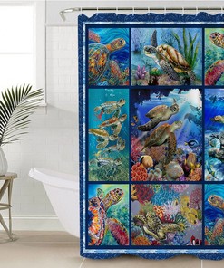 Beautiful Coral Marine Sealife Shower Curtain with Sea Turtle Print