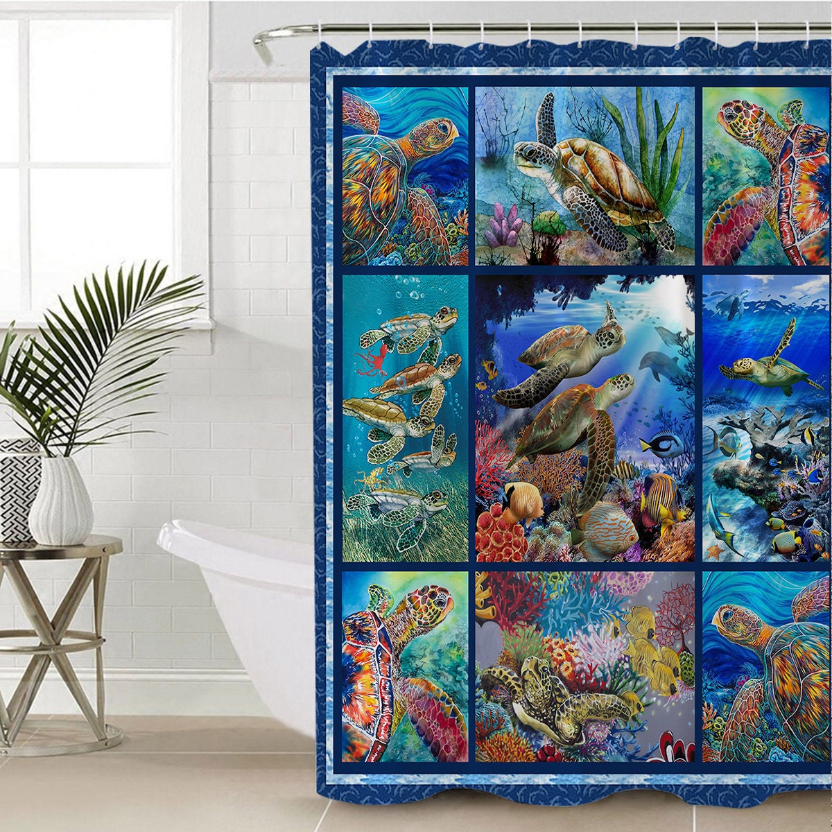 Beautiful Coral Marine Sealife Shower Curtain with Sea Turtle Print