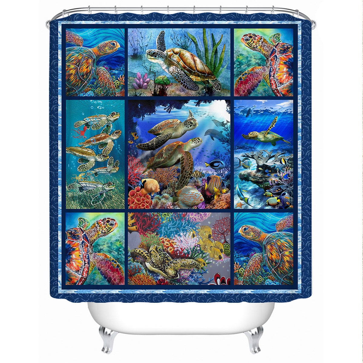 Beautiful Coral Marine Sealife Shower Curtain with Sea Turtle Print