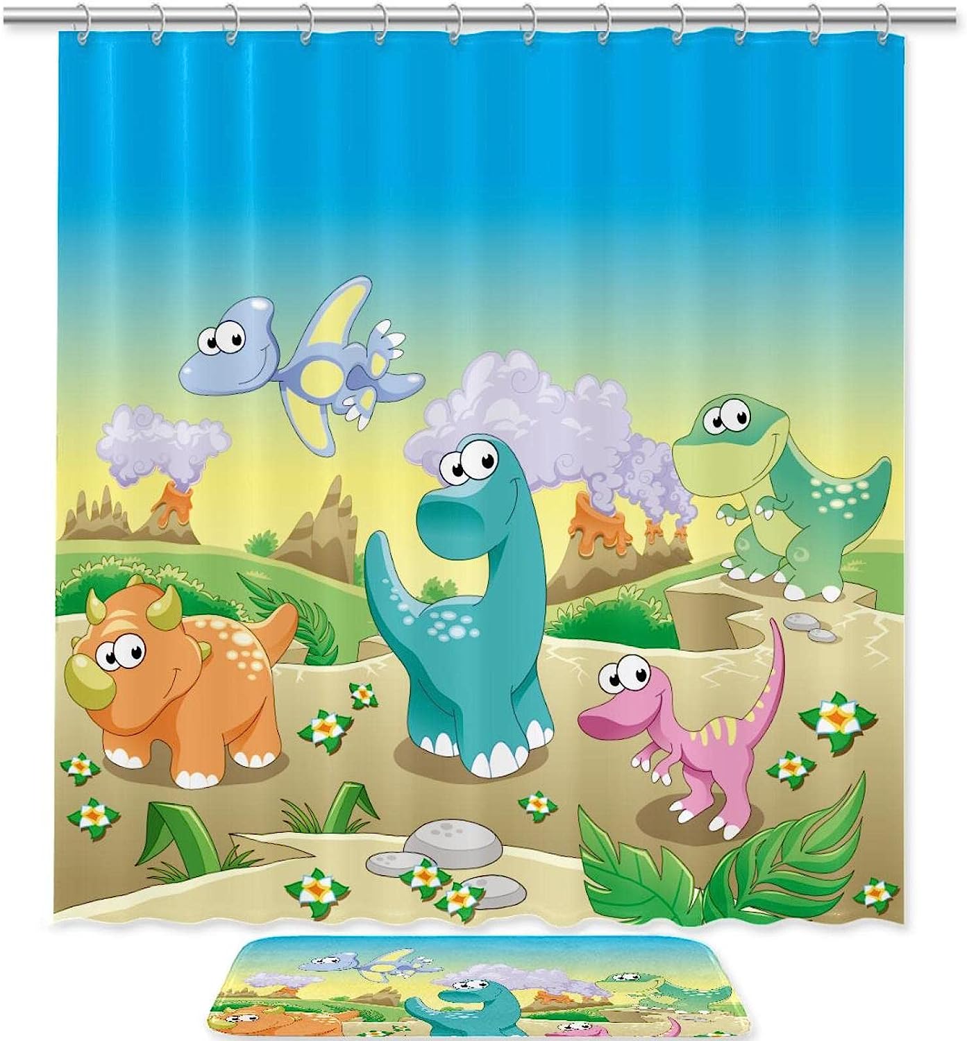 Beautiful Dinosaurs Design Shower Curtain For Kids Bathroom, Durable Waterproof Fabric