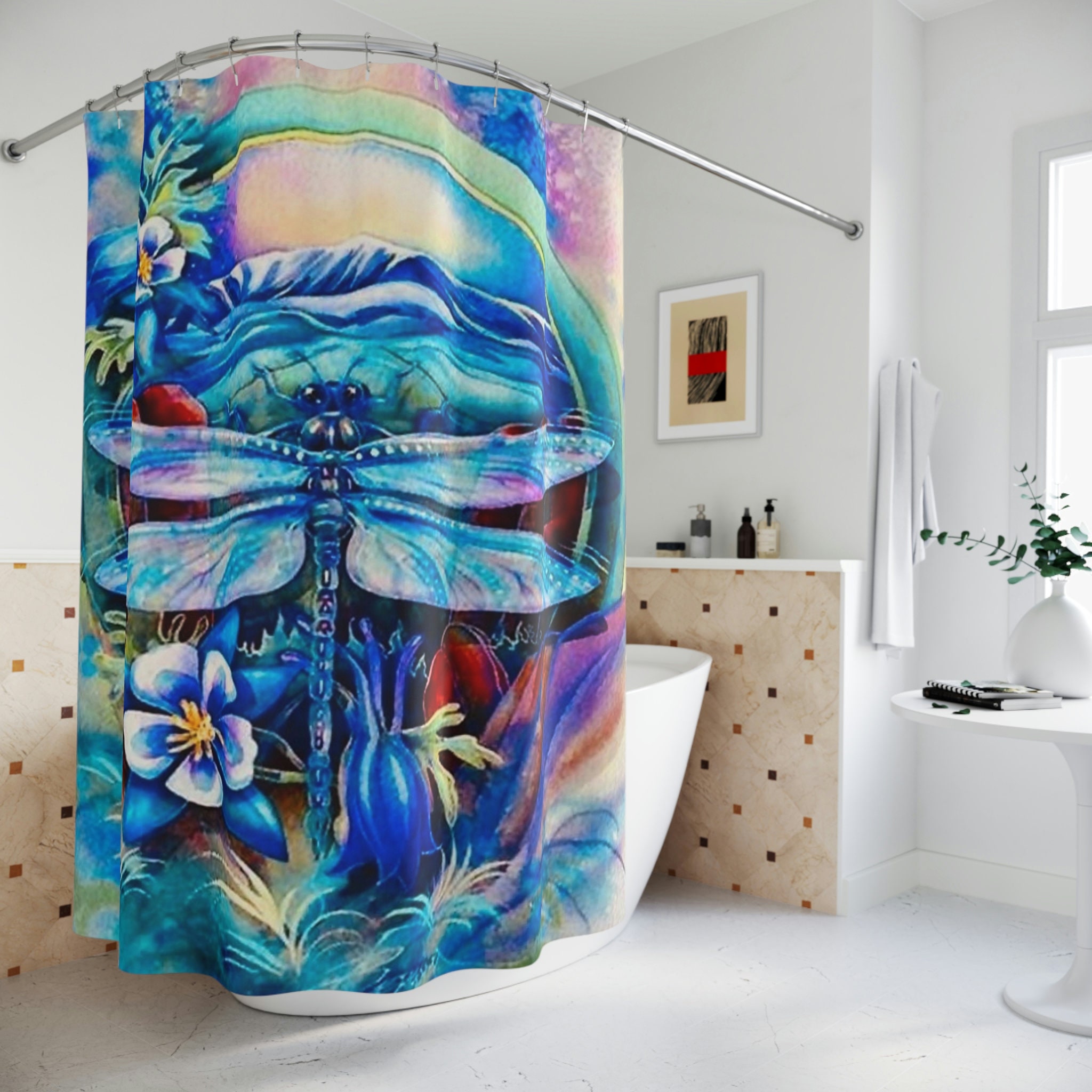 Beautiful Dragonfly Shower Curtain With Floral Pattern - Image 3