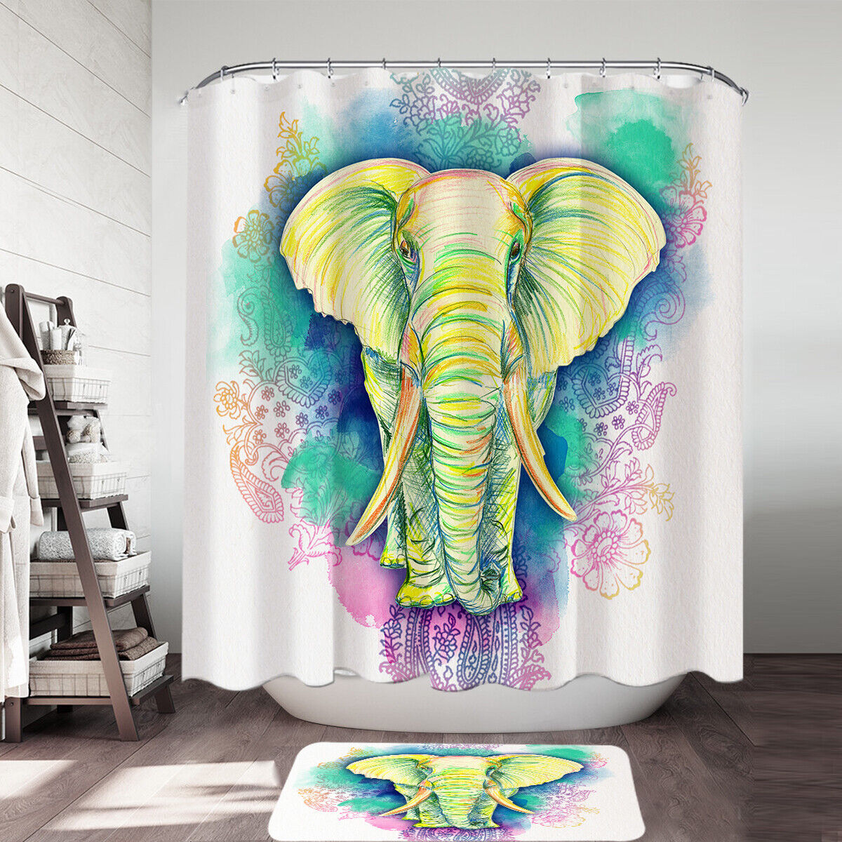 Beautiful Elephant Drawing Over Oriental Flowers Shower Curtain