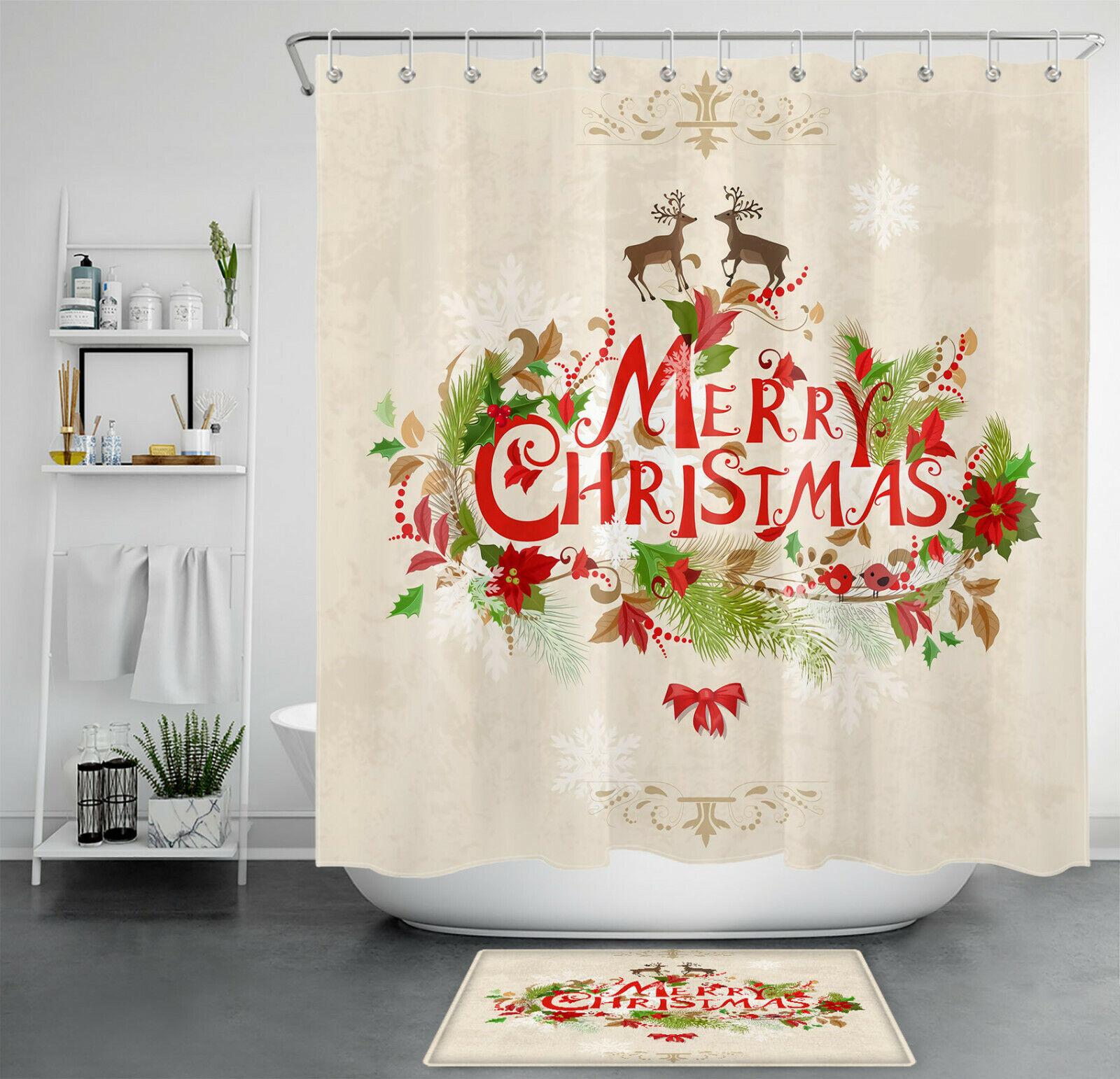 Beautiful Elk Snowflake Ornaments Merry Christmas Shower Curtain for Bathroom Decor