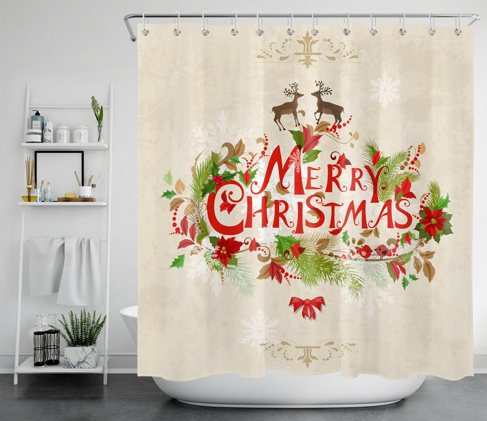Beautiful Elk Snowflake Ornaments Merry Christmas Shower Curtain for Bathroom Decor
