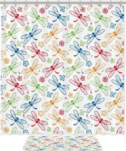 Beautiful Floral Dragonfly Pattern Shower Curtain, Waterproof Fabric Bathroom Curtain