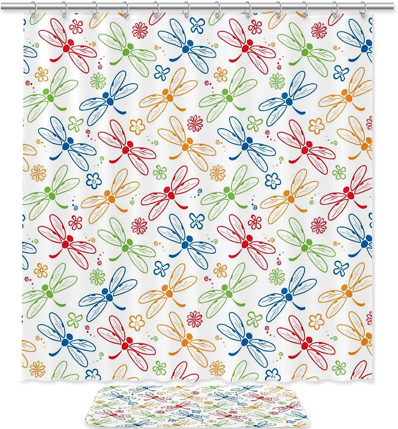 Beautiful Floral Dragonfly Pattern Shower Curtain, Waterproof Fabric Bathroom Curtain