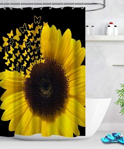 Beautiful Golden Sunflower And Butterfly Print Shower Curtain For Bathtub Decor