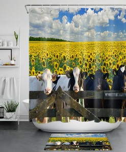 Beautiful Golden Sunflower Field Shower Curtain For Farmhouse Bathroom Decor - Featuring A Cow And Flowers