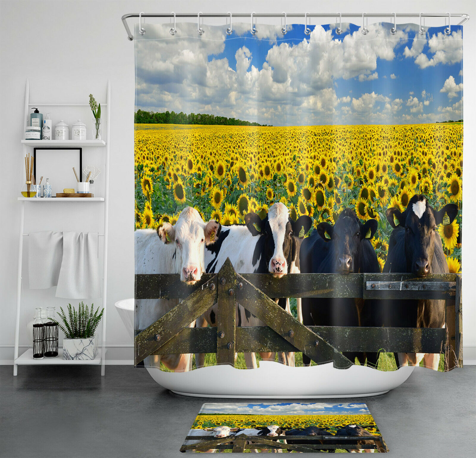 Beautiful Golden Sunflower Field Shower Curtain For Farmhouse Bathroom Decor - Featuring A Cow And Flowers