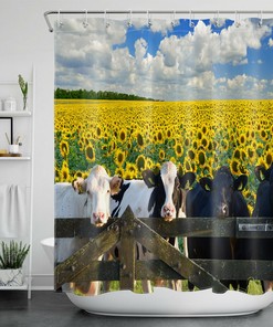 Beautiful Golden Sunflower Field Shower Curtain For Farmhouse Bathroom Decor - Featuring A Cow And Flowers