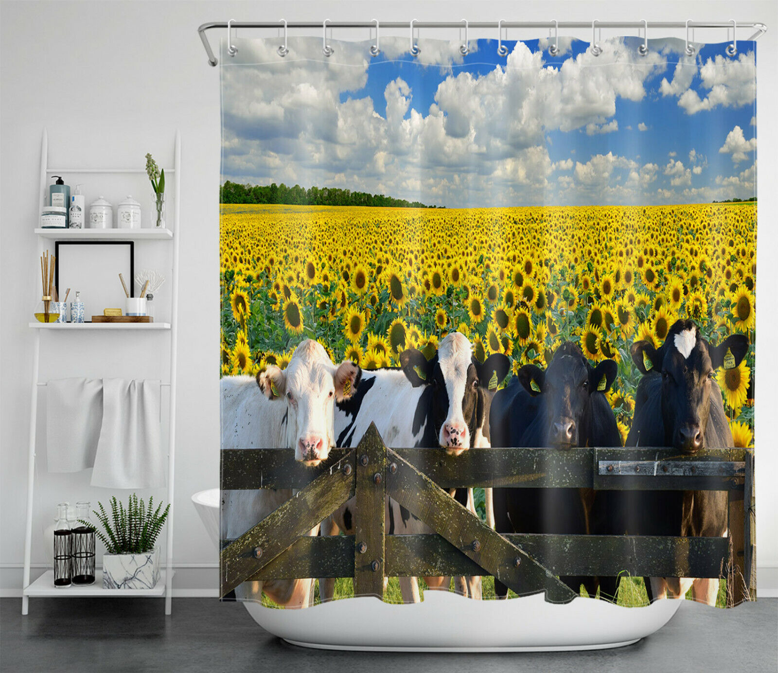 Beautiful Golden Sunflower Field Shower Curtain For Farmhouse Bathroom Decor - Featuring A Cow And Flowers