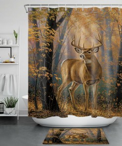 Beautiful Hunting Themed Wild Elk Autumn Forest Deer Shower Curtain for Rustic and Chic Bathroom Decor