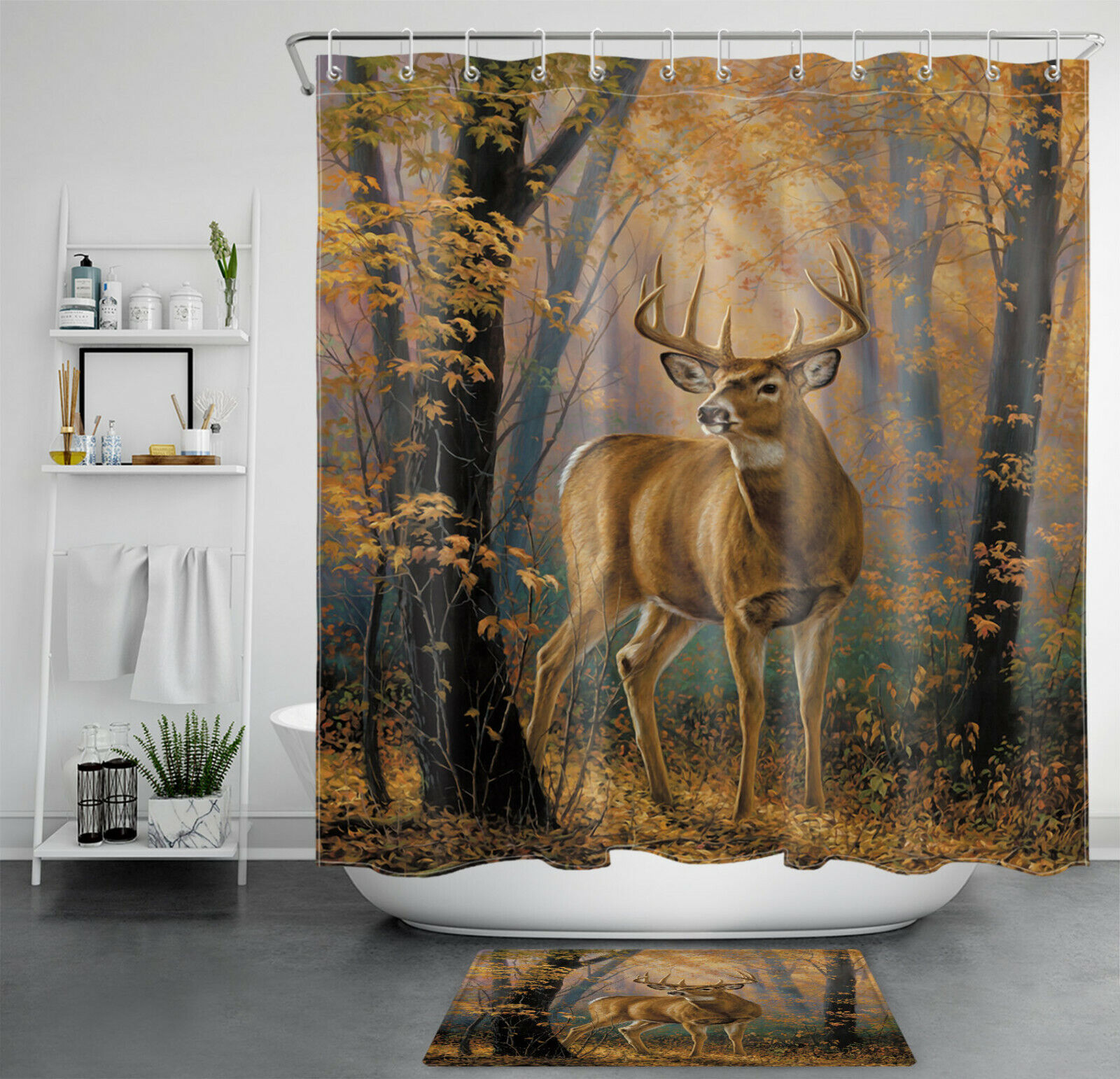 Beautiful Hunting Themed Wild Elk Autumn Forest Deer Shower Curtain for Rustic and Chic Bathroom Decor