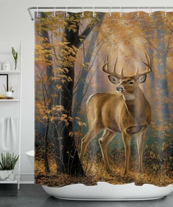 Beautiful Hunting Themed Wild Elk Autumn Forest Deer Shower Curtain for Rustic and Chic Bathroom Decor