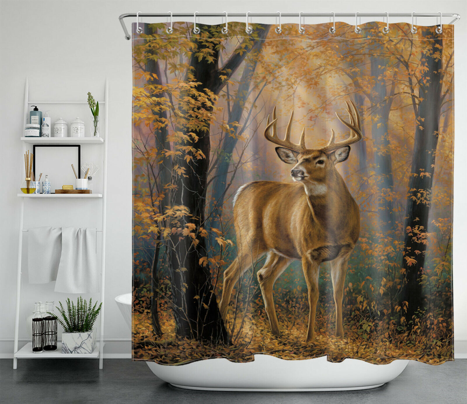 Beautiful Hunting Themed Wild Elk Autumn Forest Deer Shower Curtain for Rustic and Chic Bathroom Decor