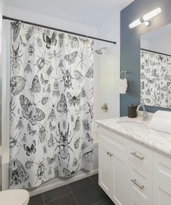 Beautiful Insect Shower Curtain With Detailed Illustrations Of Moths, Dragonflies, Butterflies And Beetles