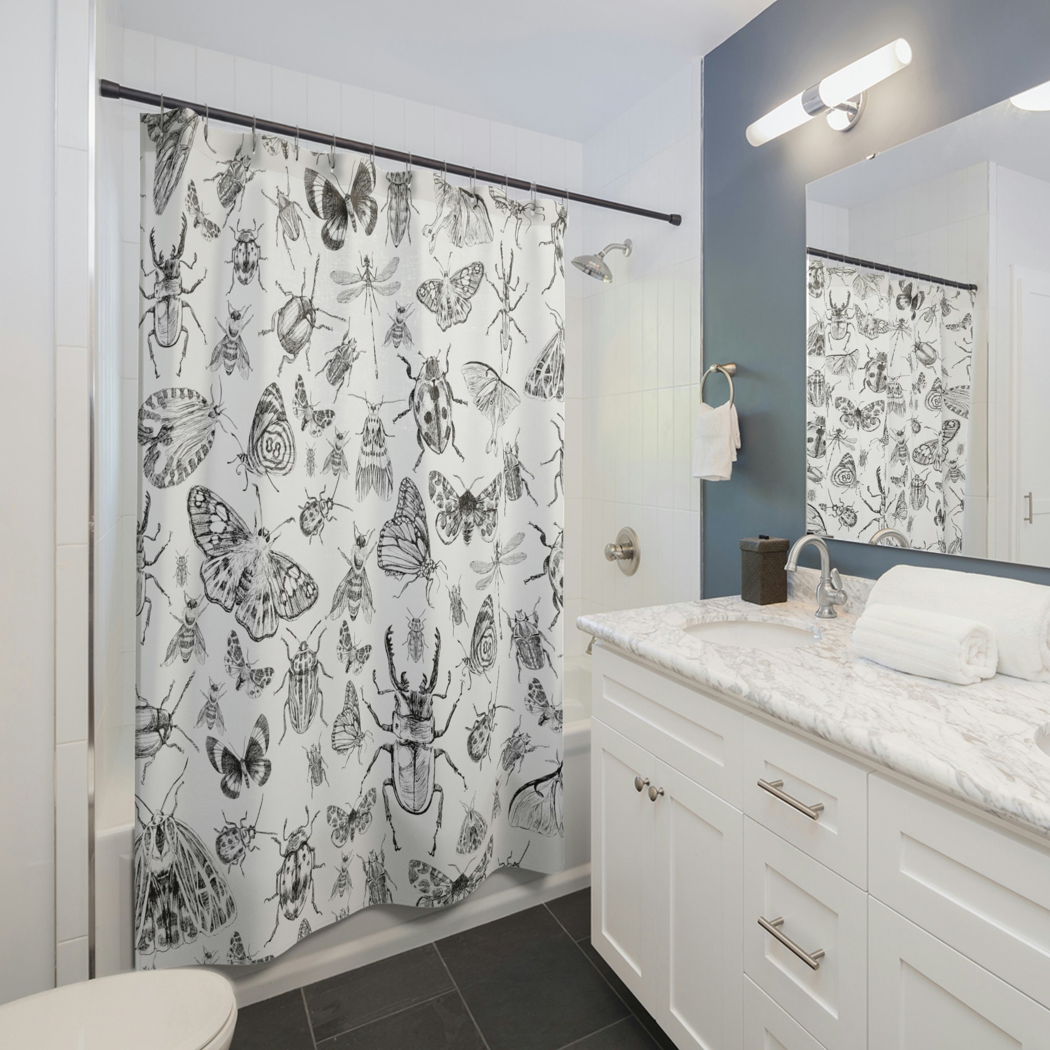 Beautiful Insect Shower Curtain With Detailed Illustrations Of Moths, Dragonflies, Butterflies And Beetles