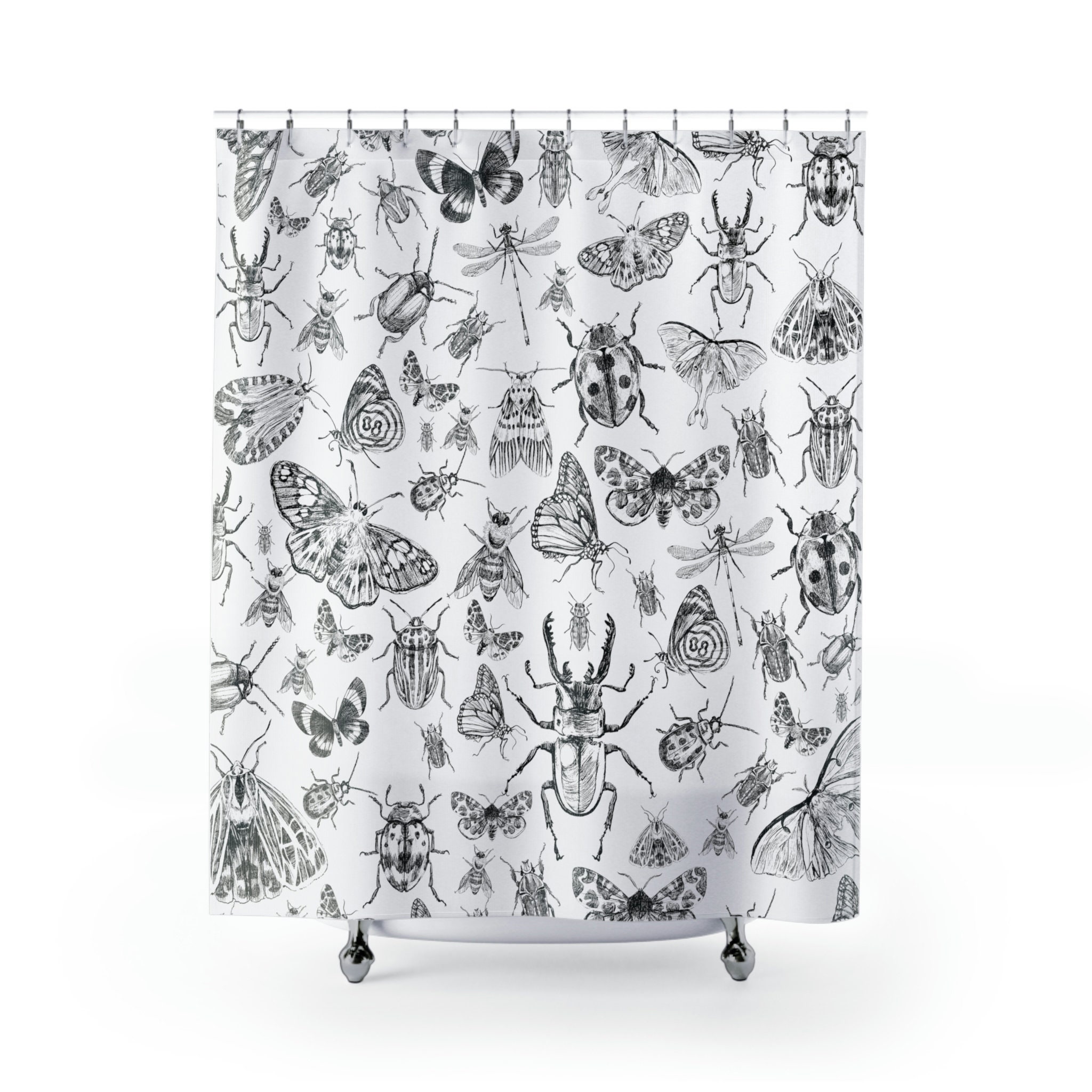 Beautiful Insect Shower Curtain With Detailed Illustrations Of Moths, Dragonflies, Butterflies And Beetles - Image 2
