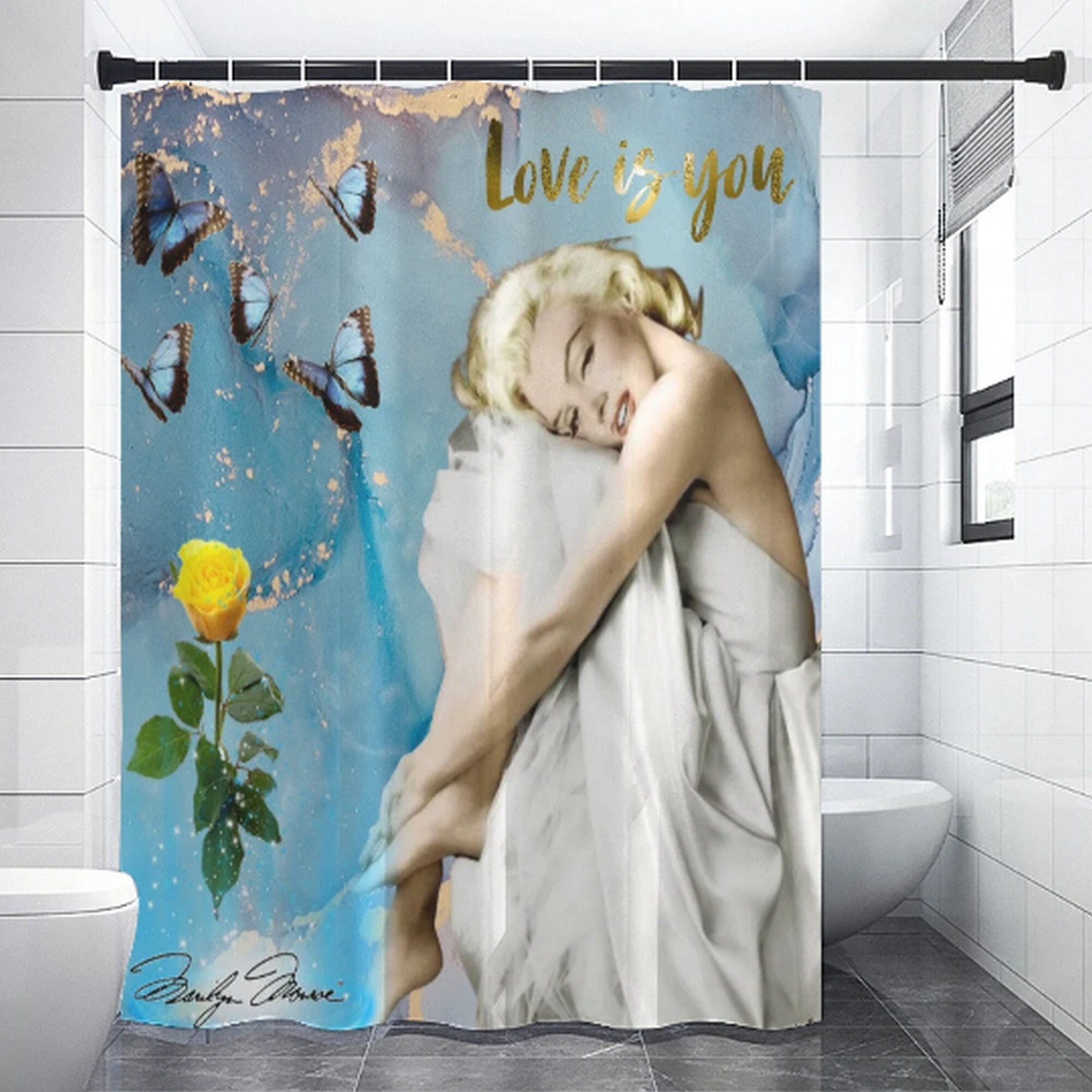 Beautiful Marilyn Monroe Blue Sky Yellow Rose Bath Shower Curtain