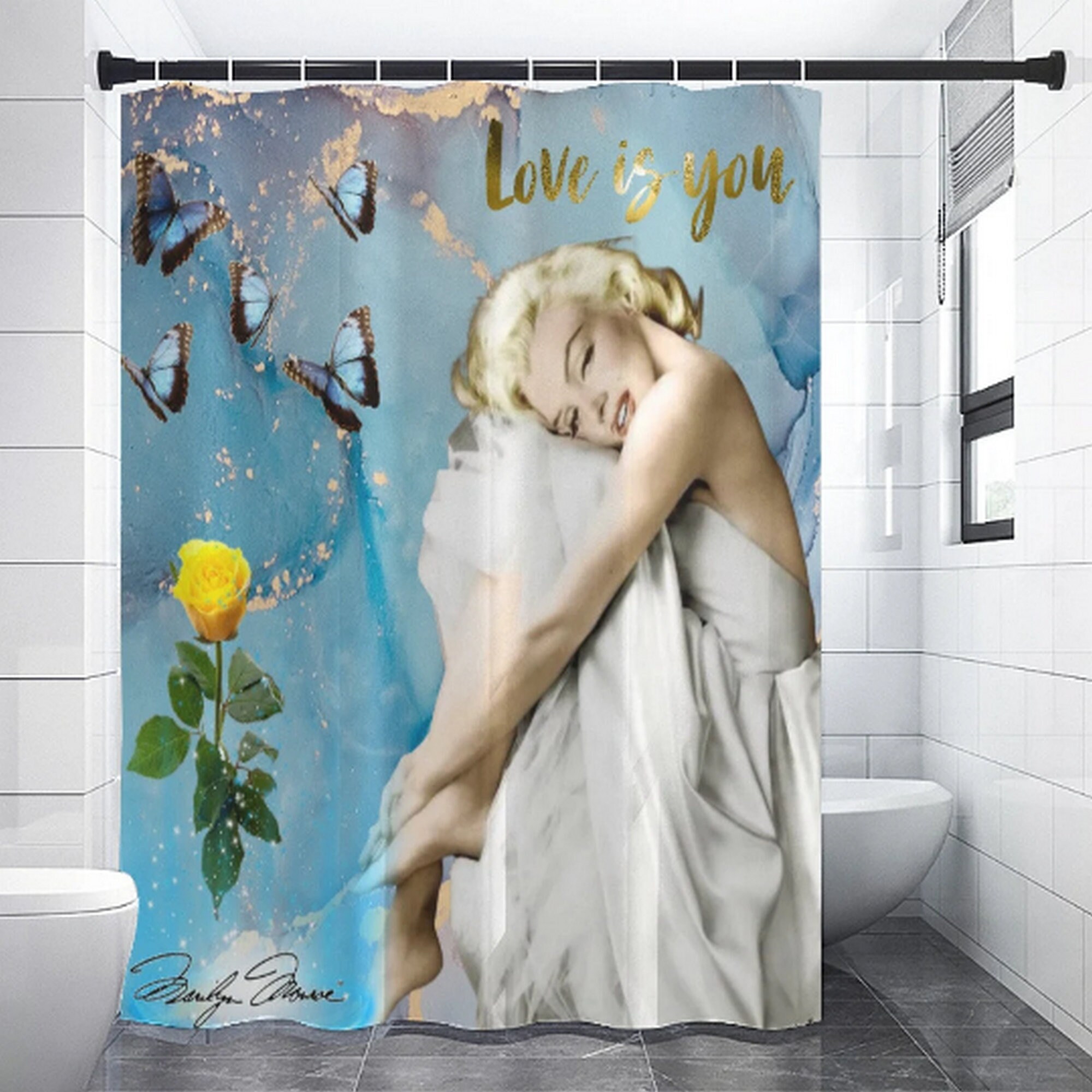 Beautiful Marilyn Monroe Blue Sky Yellow Rose Bath Shower Curtain