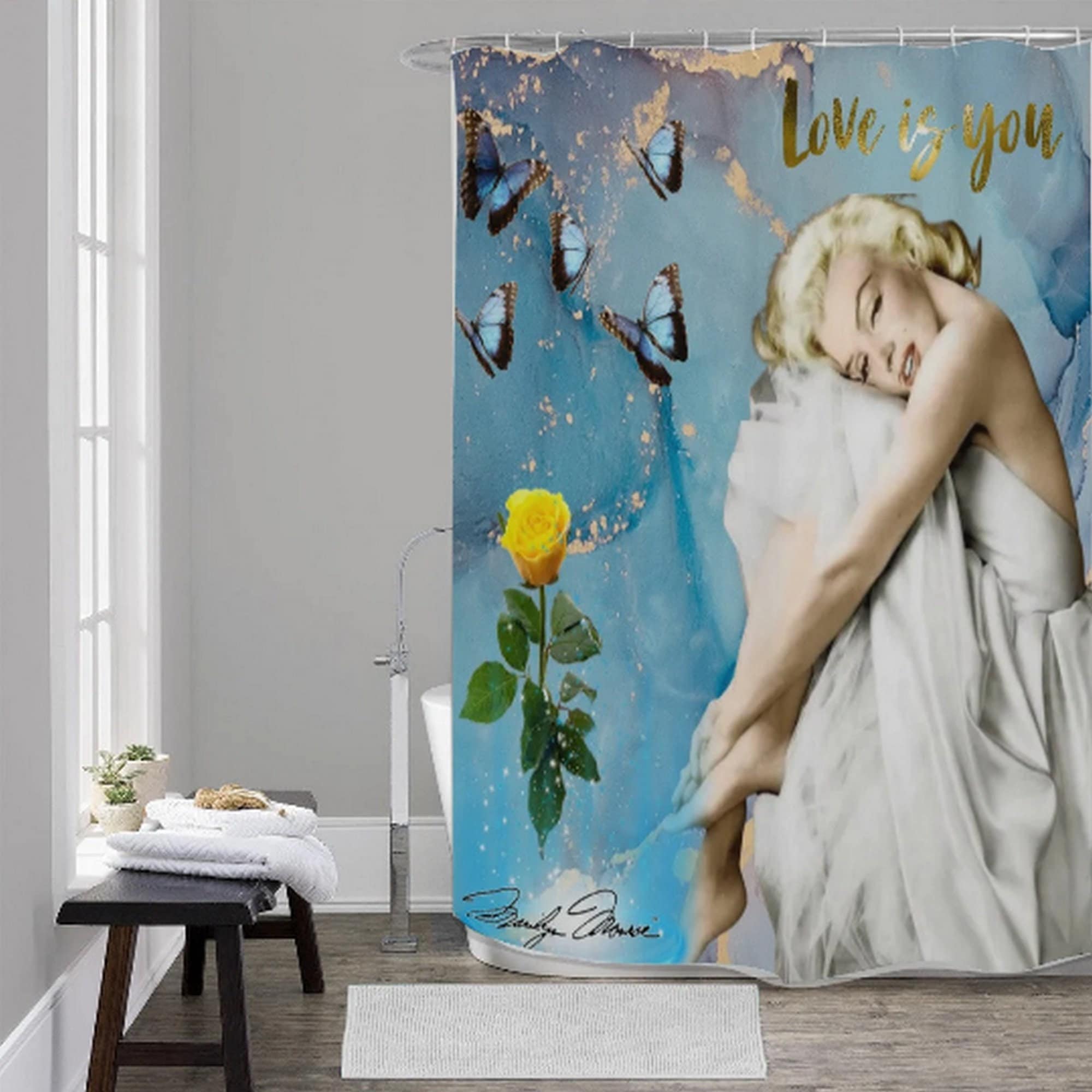 Beautiful Marilyn Monroe Blue Sky Yellow Rose Bath Shower Curtain