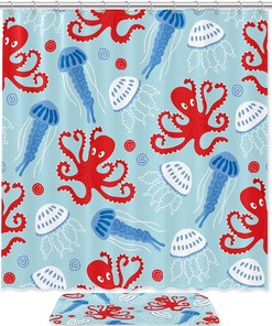 Beautiful Marine Red Octopus Blue Jellyfish Seashell Shower Curtain for your Bathroom