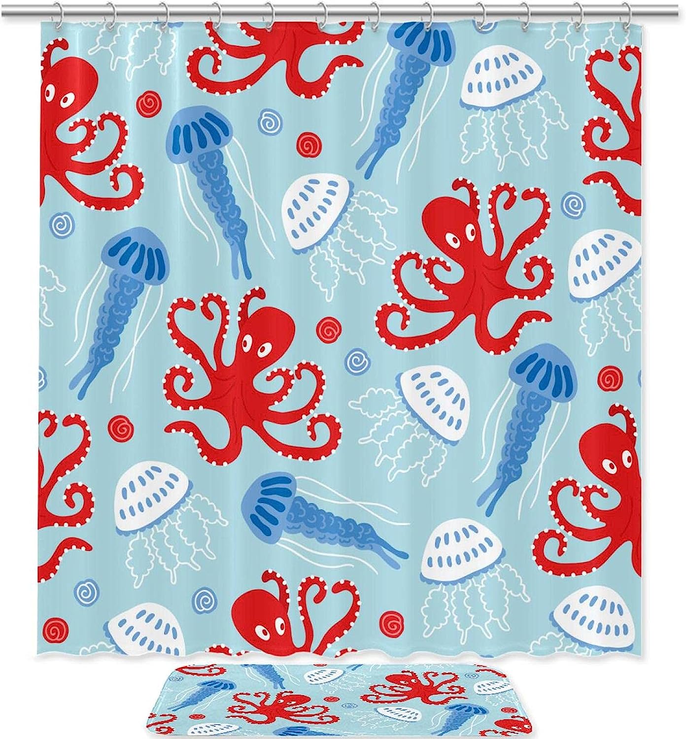 Beautiful Marine Red Octopus Blue Jellyfish Seashell Shower Curtain for your Bathroom