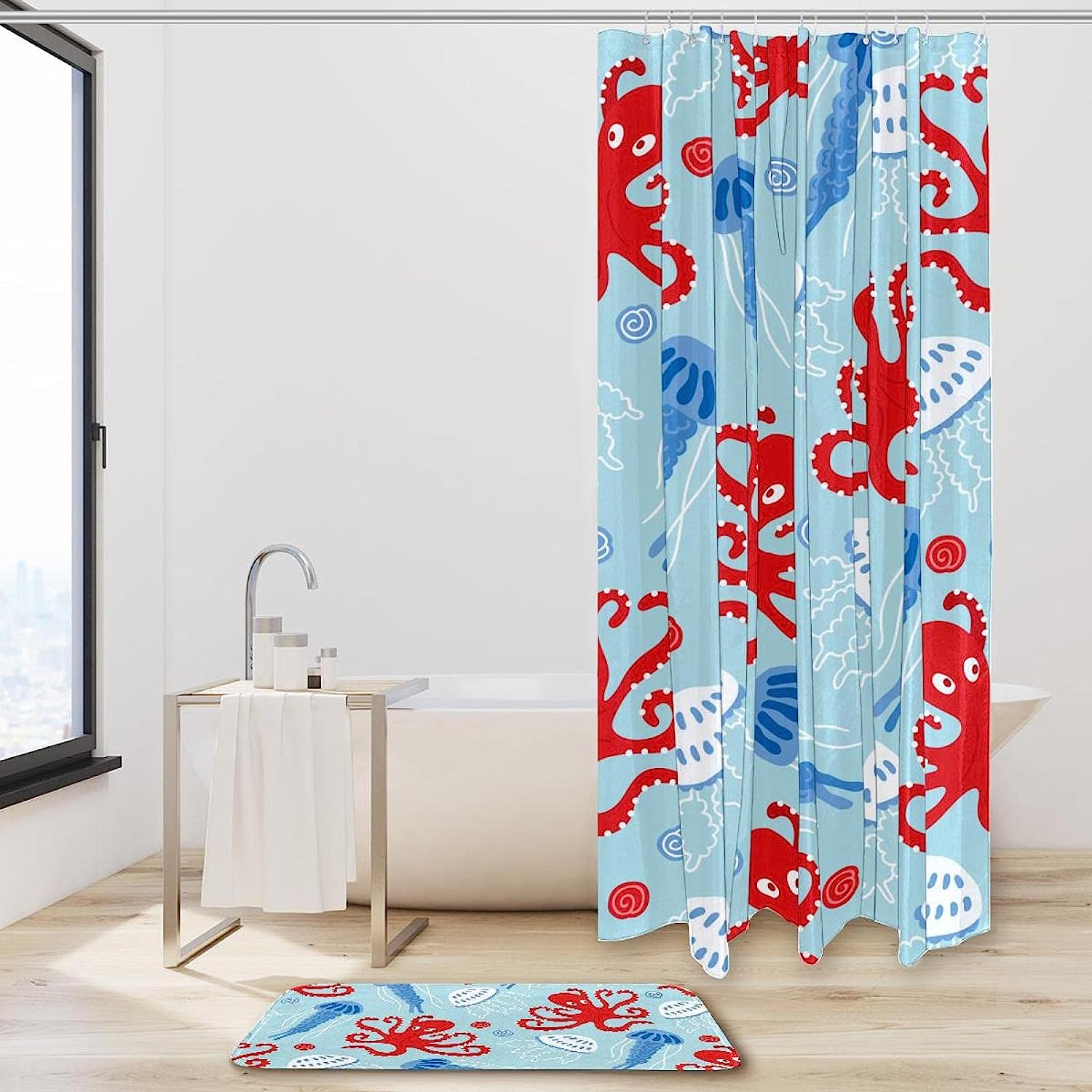 Beautiful Marine Red Octopus Blue Jellyfish Seashell Shower Curtain for your Bathroom