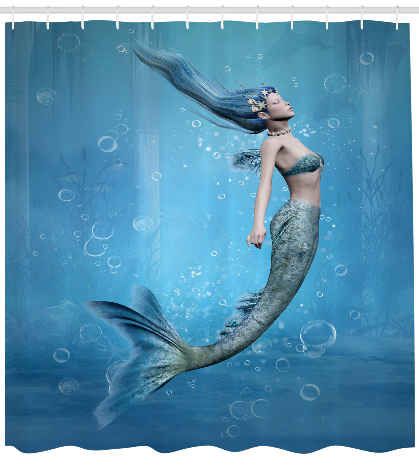 Beautiful Mermaid Fishtail Shower Curtain featuring Ocean Life Art Image