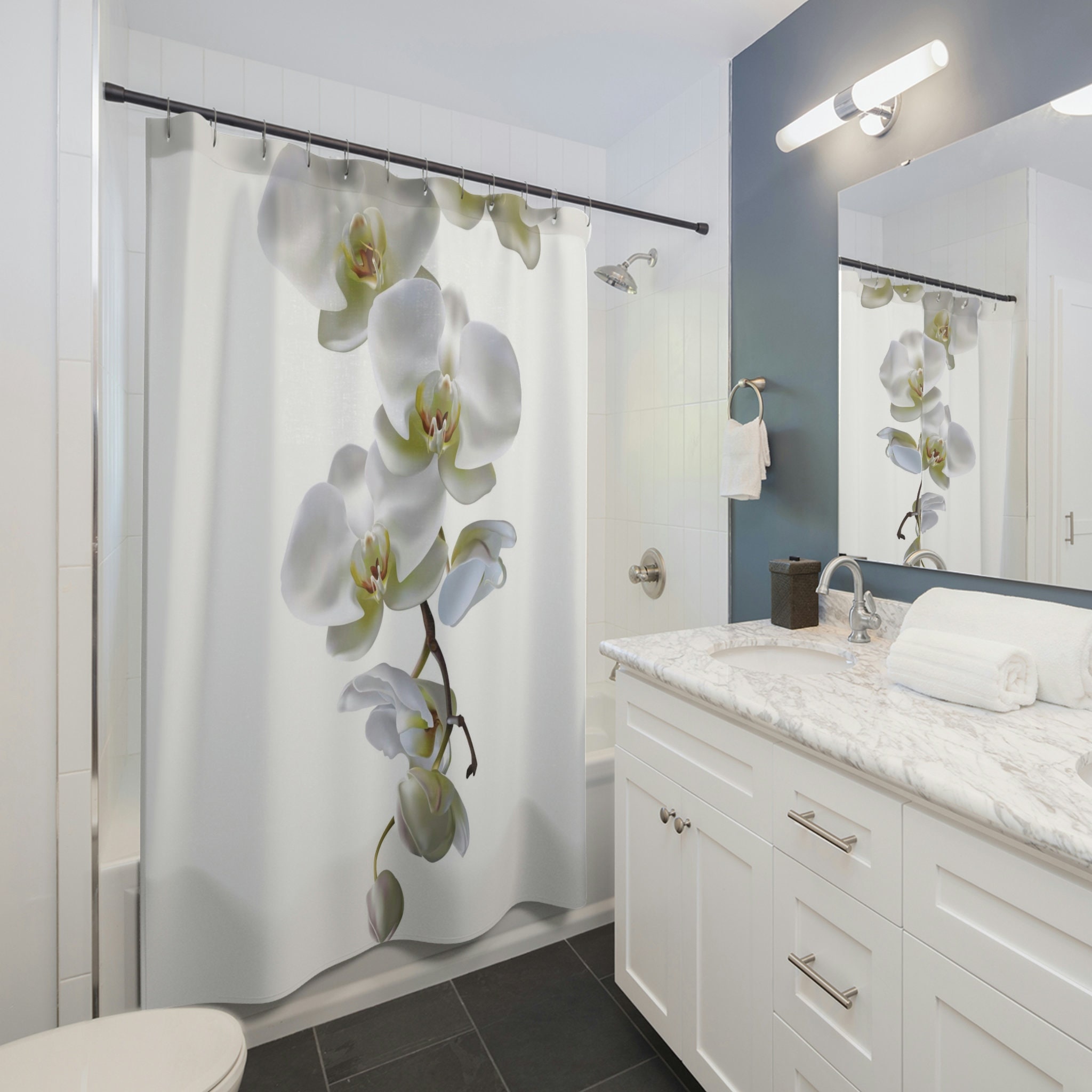Beautiful Moon Orchid Shower Curtain, White Flowers and Orchid Bathroom Accessories Set