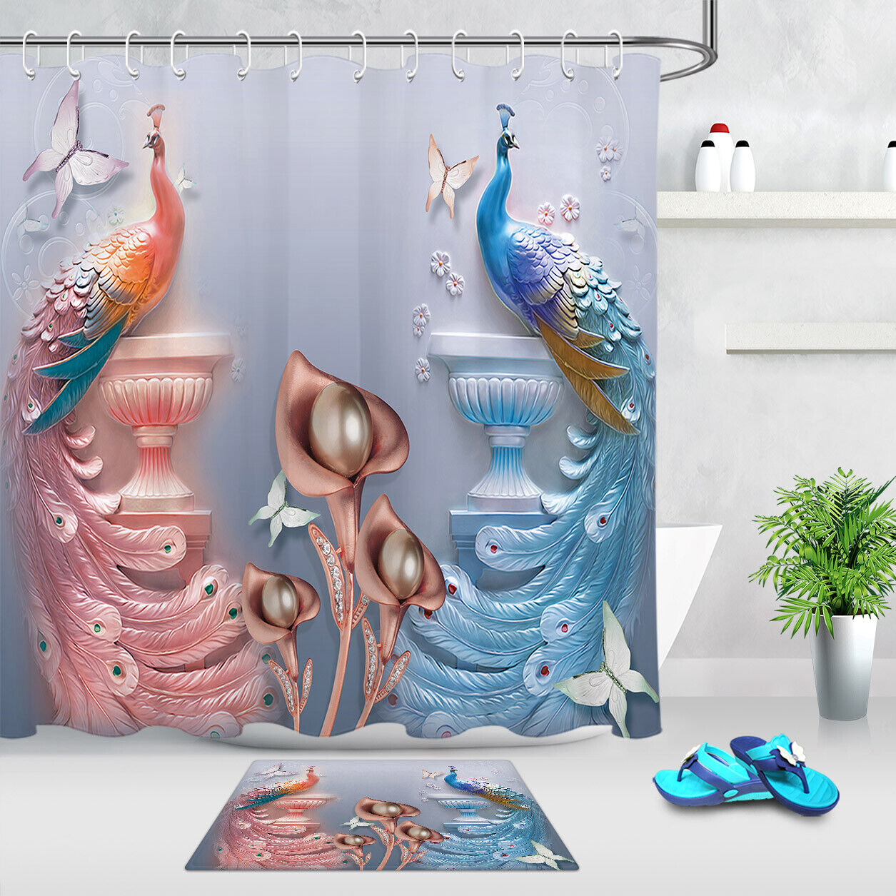 Beautiful Peacock And Flowers Shower Curtain For Chic And Modern Bathroom Decor