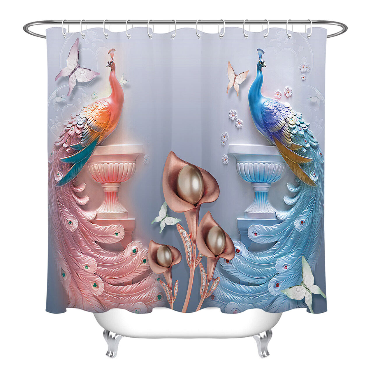 Beautiful Peacock And Flowers Shower Curtain For Chic And Modern Bathroom Decor - Image 2