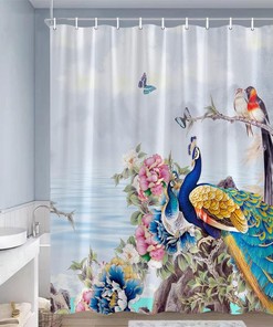 Beautiful Peacocks Shower Curtain with Butterfly and Spring Flower Asian Floral for Classic Bathroom Decor 