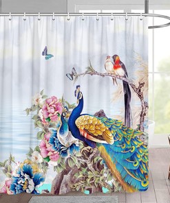 Beautiful Peacocks Shower Curtain with Butterfly and Spring Flower Asian Floral for Classic Bathroom Decor