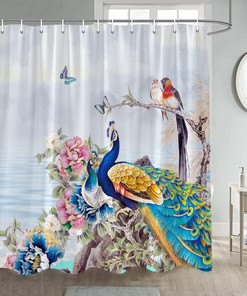 Beautiful Peacocks Shower Curtain with Butterfly and Spring Flower Asian Floral for Classic Bathroom Decor 