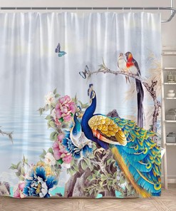 Beautiful Peacocks Shower Curtain with Butterfly and Spring Flower Asian Floral for Classic Bathroom Decor 