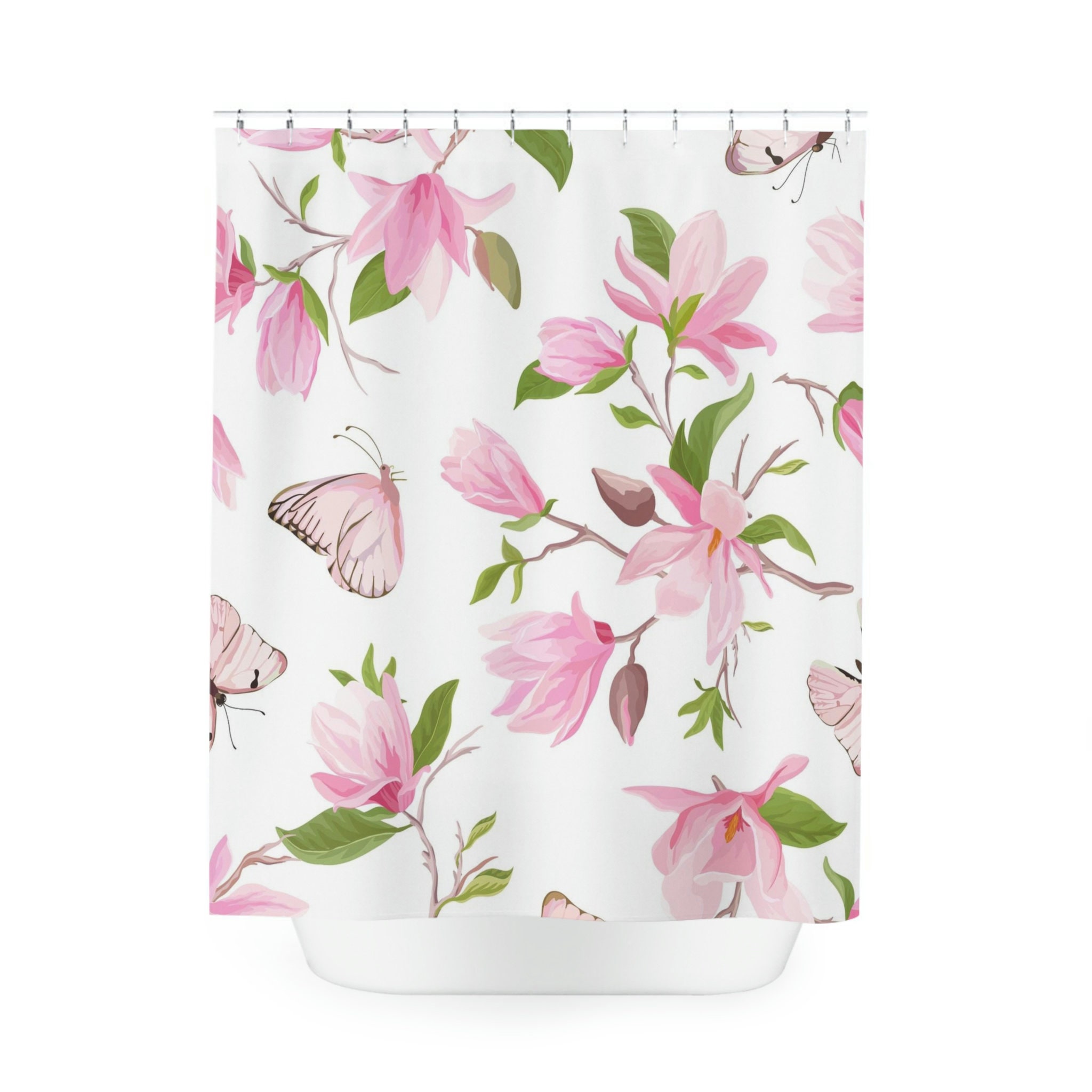 Beautiful Pink Butterflies and Flowers Shower Curtain for Feminine Bathroom