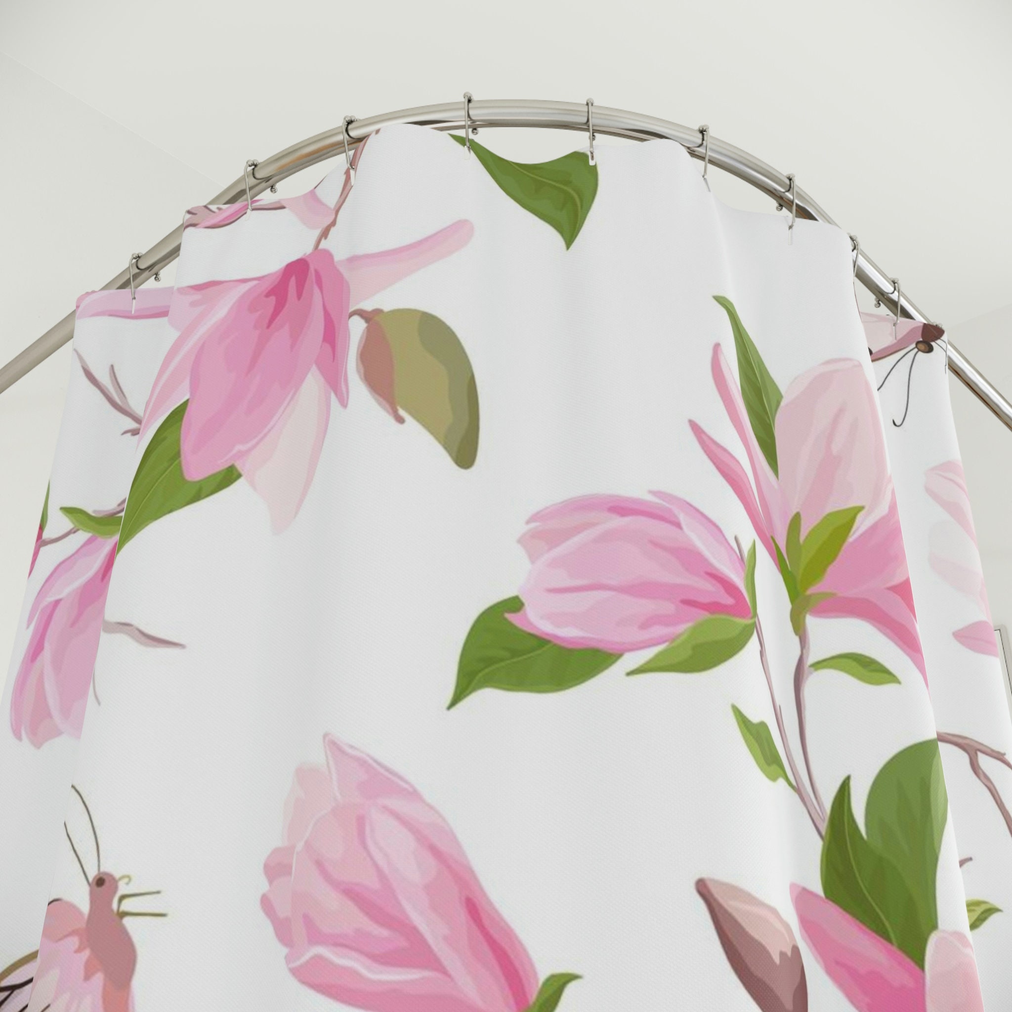 Beautiful Pink Butterflies and Flowers Shower Curtain for Feminine Bathroom