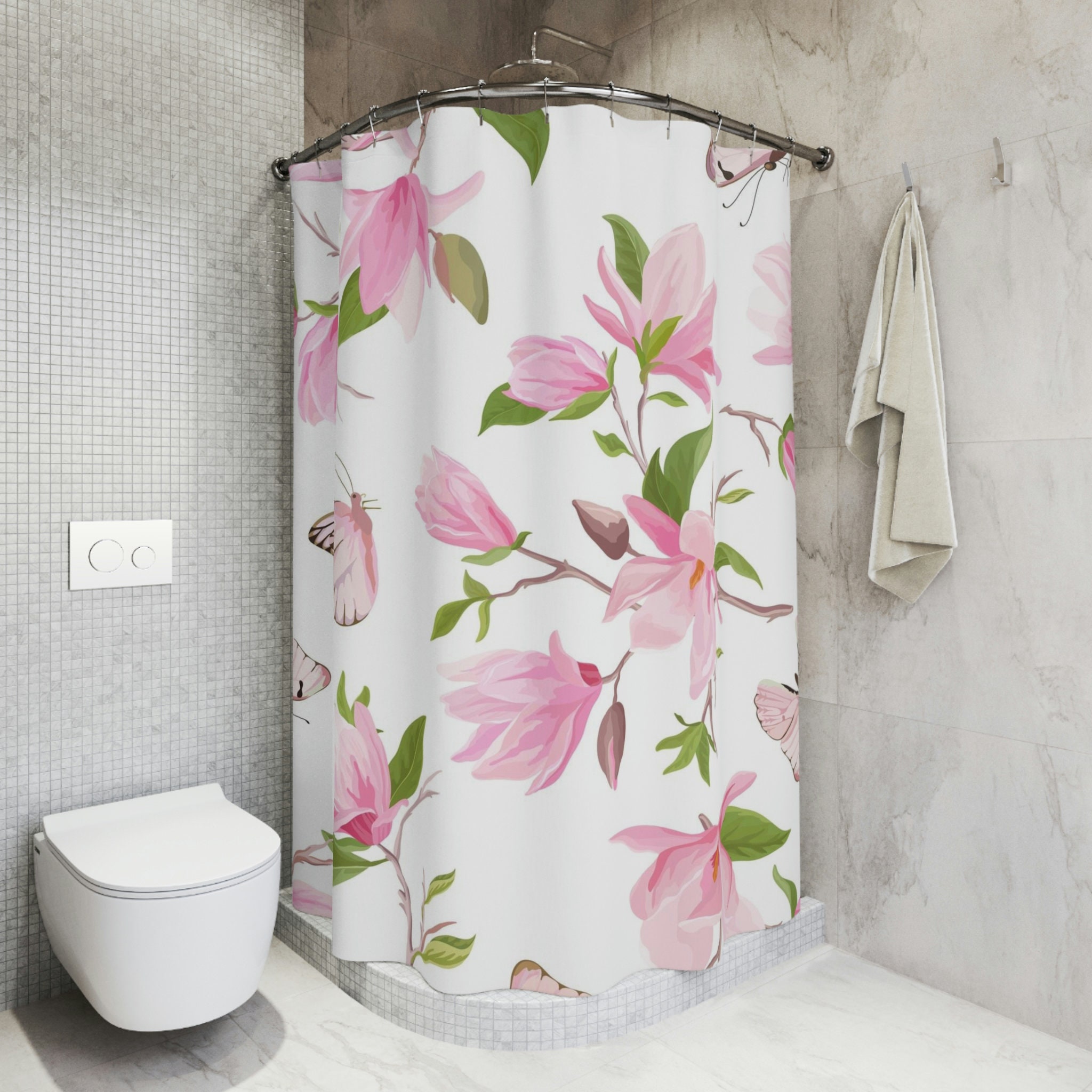 Beautiful Pink Butterflies and Flowers Shower Curtain for Feminine Bathroom