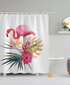 Beautiful Pink Flamingo With Flower Accents Shower Curtain, Artistic And Modern Bathroom Decor